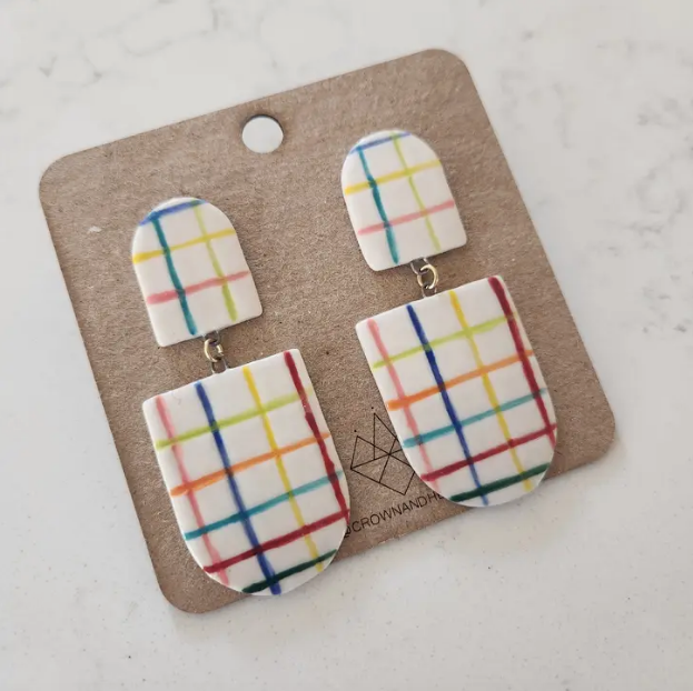 Engraved Rainbow Plaid Earrings